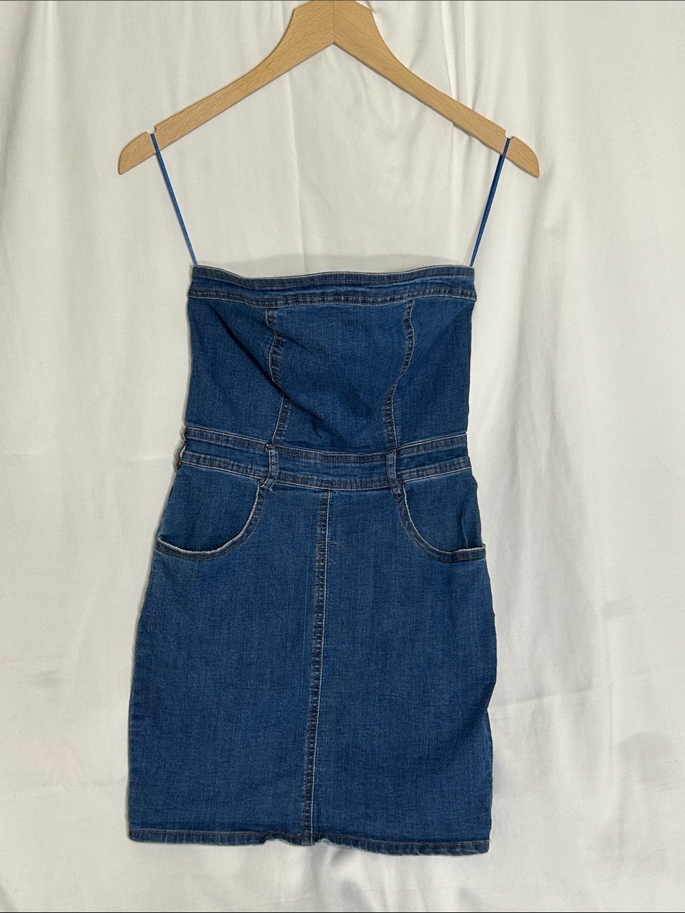 Windsor Blue Denim Strapless Mini Dress with Thin Straps
